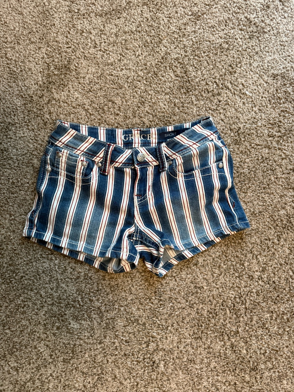 Grace in LA Navy Blue Striped Denim Shorts